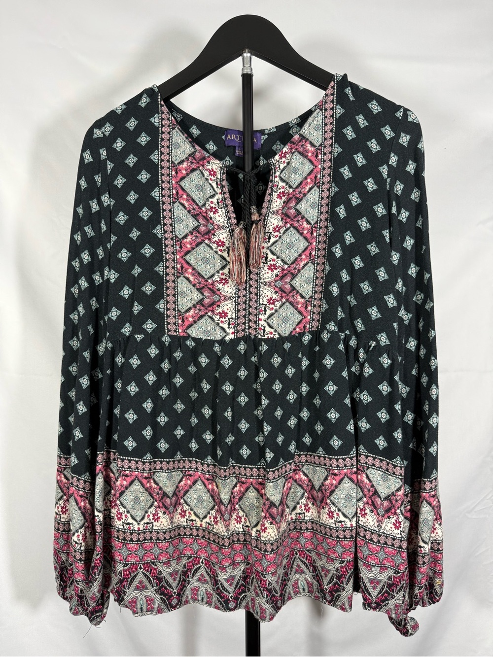 Artesia Boho Peasant Blouse L Black Pink Paisley Print Tassel Tie Sleeve